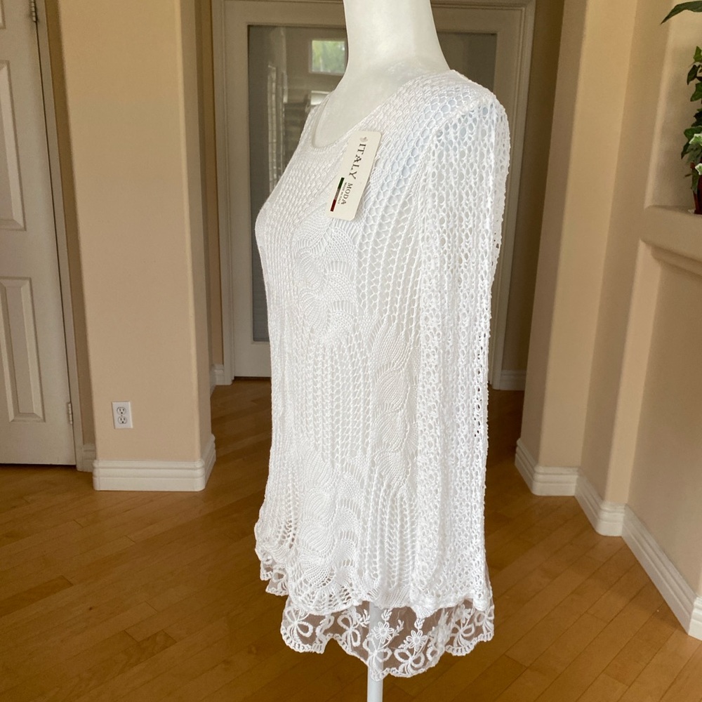 NWT Moda Italian Knit With Lace White Tunic Top - Picture 2 of 8